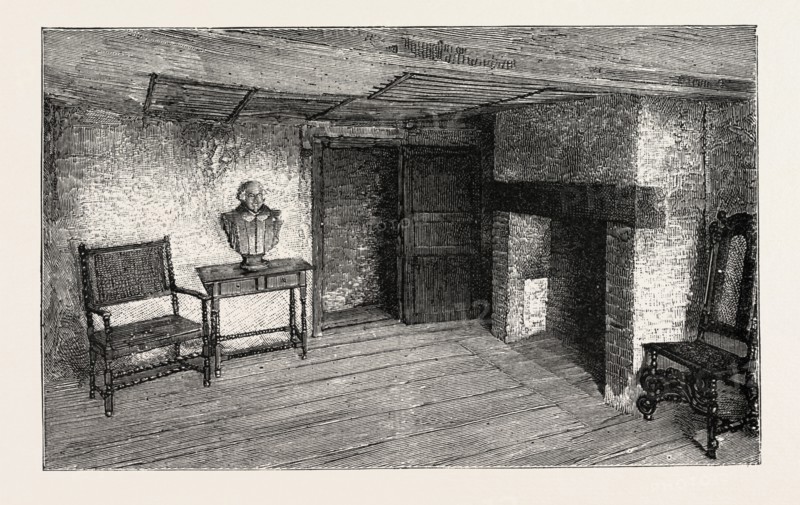 ROOM IN WHICH SHAKESPEARE WAS BORN, STRATFORD-ON-AVON, UK, britain, united kingdom, u.k., great britain, 1888 engraving