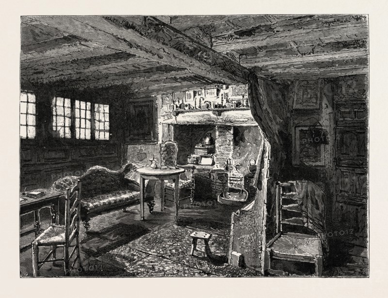 LIVING-ROOM IN ANNE HATHAWAY'S COTTAGE AT SHOTTERY, NEAR STRATFORD-ON-AVON, UK, britain, united kingdom, u.k., great britain, 1888 engraving
