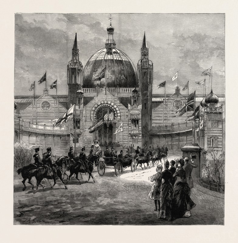 THE GLASGOW INTERNATIONAL EXHIBITION,  ARRIVAL OF THE PRINCE AND PRINCESS AT THE GRAND ENTRANCE, UK, britain, united kingdom, u.k., great britain, 1888 engraving
