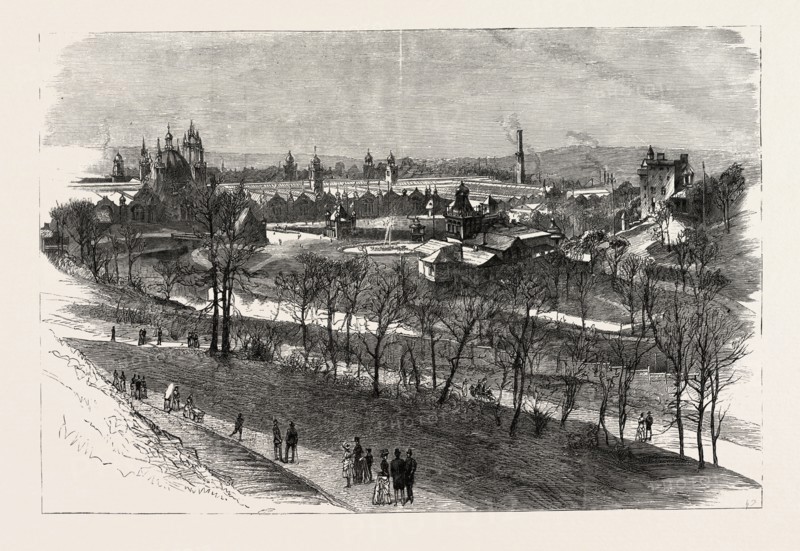 VIEW OF THE EXHIBITION BUILDINGS AND KELVIN GROVE, THE GLASGOW INTERNATIONAL EXHIBITION, UK, britain, united kingdom, u.k., great britain, 1888 engraving
