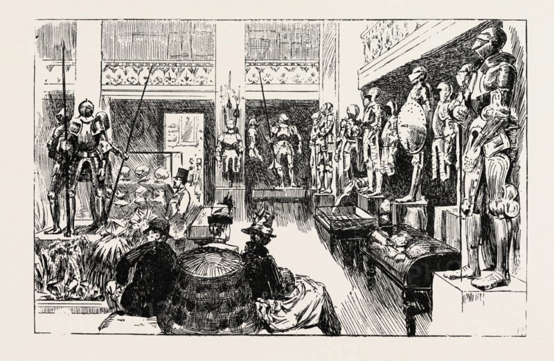 Tudor  Exhibition. The display, ranging. from the close of the fifteenth century to the extinction of the Tudor line at the beginning of the seventeenth century. London, engraving 1890, UK, britain, british, europe, united kingdom, great britain, european