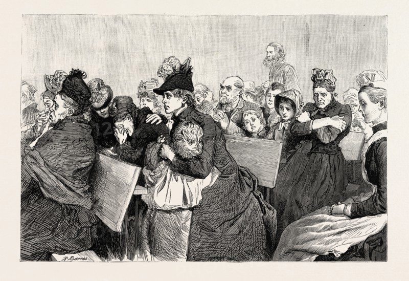 THE DISASTROUS FIRE AT FOREST GATE DISTRICT SCHOOL,  THE RELATIVES OF THE VICTIMS AT THE INQUEST, engraving 1890, uk, britain, british, united kingdom, great britain, europe, european