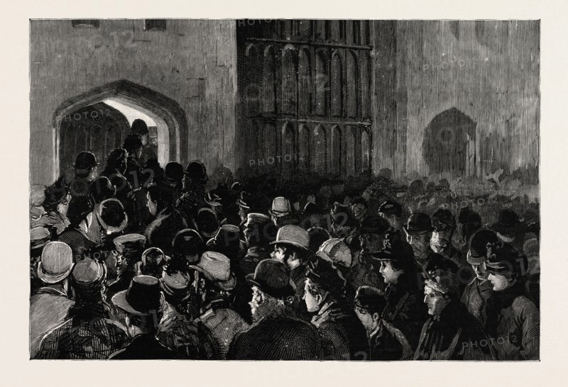 DISTRIBUTING THE QUEEN'S NEW YEAR GIFTS AT WINDSOR, engraving 1890, uk, britain, british, united kingdom, great britain, europe, european