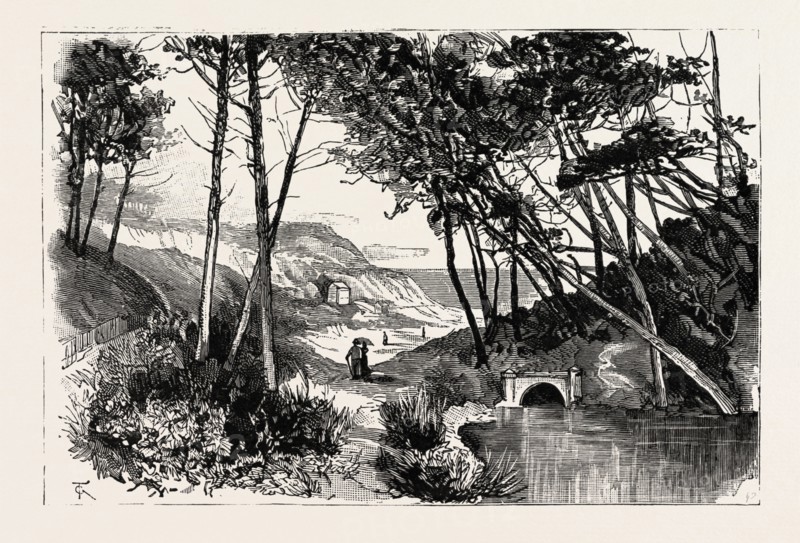 BOURNEMOUTH, BRANKSOME CHINE ENTRANCE FROM THE SANDS, engraving 1890, UK, U.K., Britain, British, Europe, United Kingdom, Great Britain, European