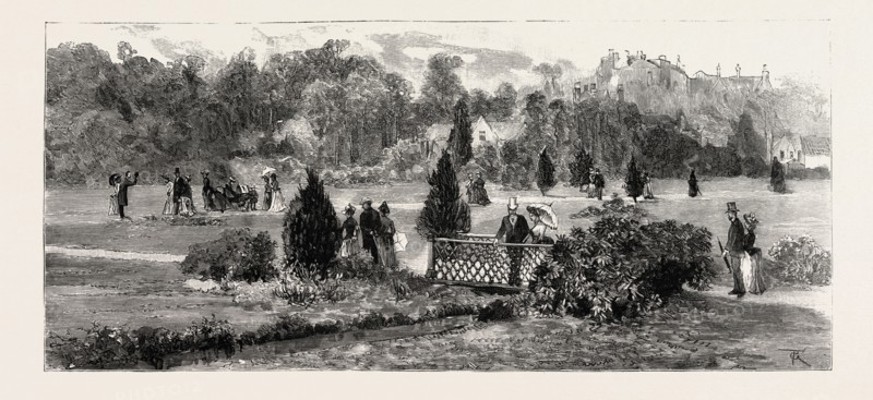 BOURNEMOUTH, VIEW IN PUBLIC GARDENS, engraving 1890, UK, U.K., Britain, British, Europe, United Kingdom, Great Britain, European