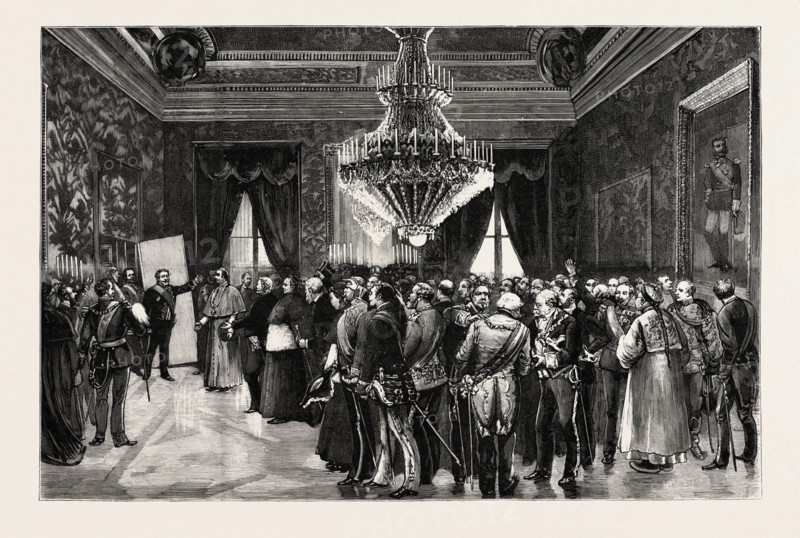 HIS EXCELLENCY THE PRESIDENT OF THE MINISTERIAL COUNCIL ANNOUNCING THE BIRTH OF THE YOUNG KING OF SPAIN AT THE ROYAL PALACE, MADRID THE ILLNESS OF THE INFANT KING OF SPAIN, engraving 1890