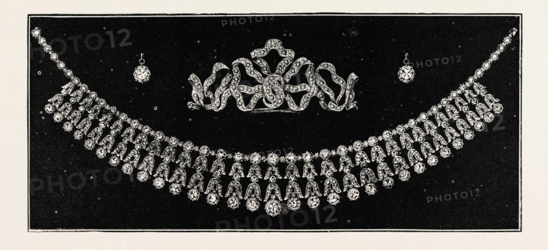 DIAMOND TIARA, NECKLACE, AND EAR RINGS PRESENTED TO HER EXCELLENCY LADY LOCH BY THE LADIES OF VICTORIA, engraving 1890