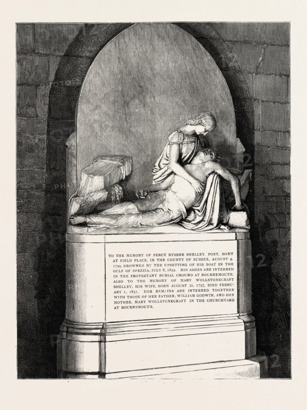 THE SHELLEY  MEMORIAL AT CHRISTCHURCH, NEAR BOURNEMOUTH, engraving 1890, UK, U.K., Britain, British, Europe, United Kingdom, Great Britain, European
