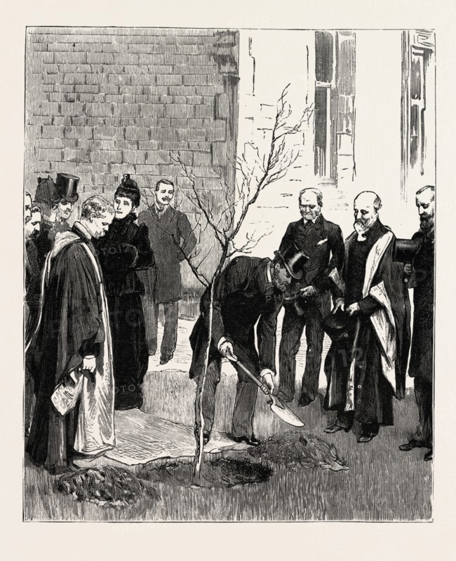 BOURNEMOUTH, THE PRINCE PLANTING A TREE, AT THE VICTORIA HOSPITAL IN COMMEMORATION OF HIS VISIT, engraving 1890