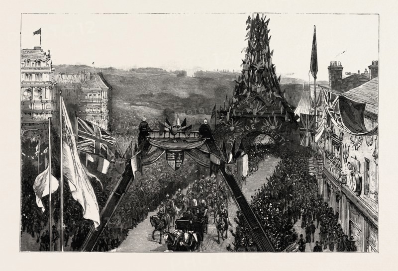 BOURNEMOUTH, THE ROYAL PROCESSION PASSING UNDER THE EIFFEL TOWER FROM THE GARDENS, engraving 1890, UK, U.K., Britain, British, Europe, United Kingdom, Great Britain, European