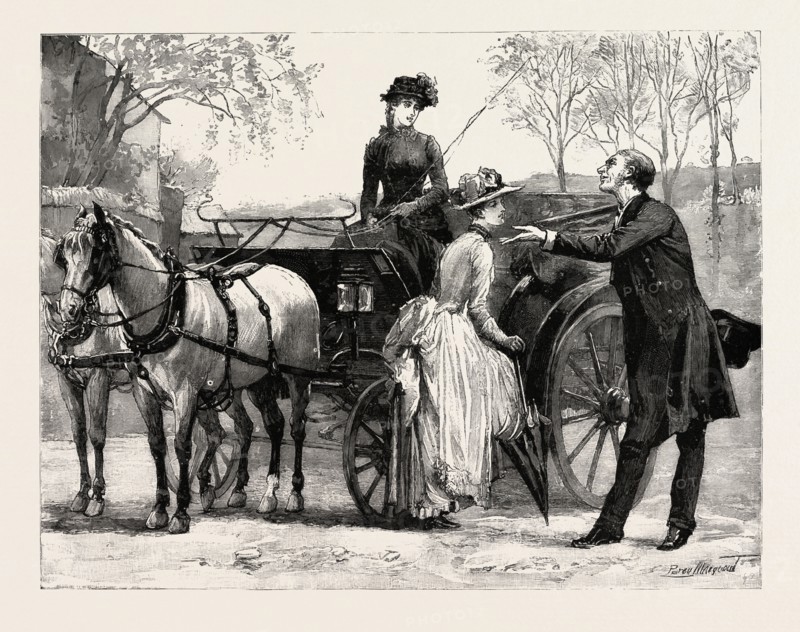 DRAWN BY PERCY MACQUOID, COACH AND HORSES, Percy Macquoid, 1852-1925, was an English artist and illustrator described as the non plus ultra of elegance and mild refined feeling, engraving 1890