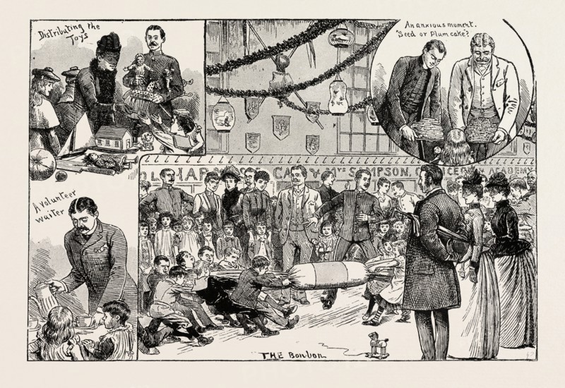 CHILDREN'S NEW YEAR'S PARTY GIVEN AT THE ROYAL MILITARY ACADEMY, WOOLWICH, engraving 1890, UK, U.K., Britain, British, Europe, United Kingdom, Great Britain, European