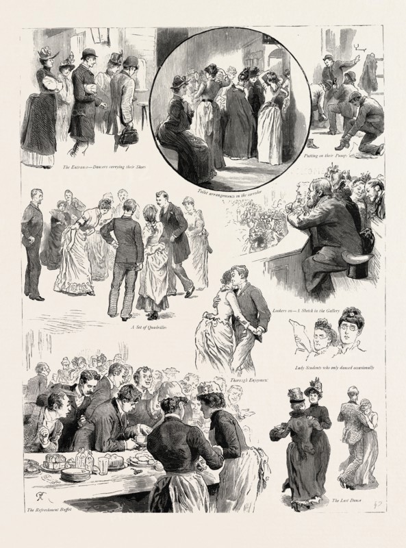AMUSEMENTS AT THE PEOPLE'S PALACE, MILE END ROAD, A SUBSCRIPTION DANCE, LONDON, engraving 1890, UK, U.K., Britain, British, Europe, United Kingdom, Great Britain, European