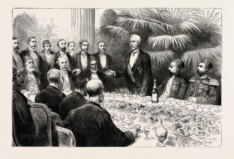 BANQUET GIVEN BY THE EGYPTIAN GOVERNMENT AT CAIRO IN HONOUR OF MR. STANLEY'S ARRIVAL, EGYPT, engraving 1890