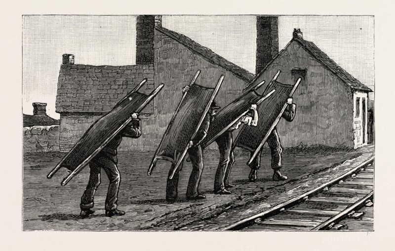 Colliery explosion at LLanerch, Monmouthshire, MORE STRETCHERS, engraving 1890, UK, U.K., Britain, British, Europe, United Kingdom, Great Britain, European