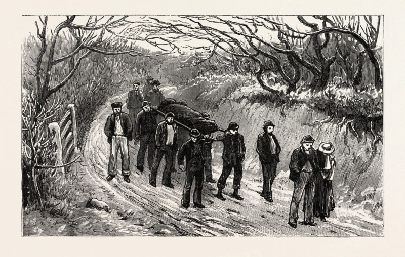 Colliery explosion at LLanerch, Monmouthshire,  WHAT ONE MEETS ON THE WAY UP TO THE COLLIERY, engraving 1890, UK, U.K., Britain, British, Europe, United Kingdom, Great Britain, European