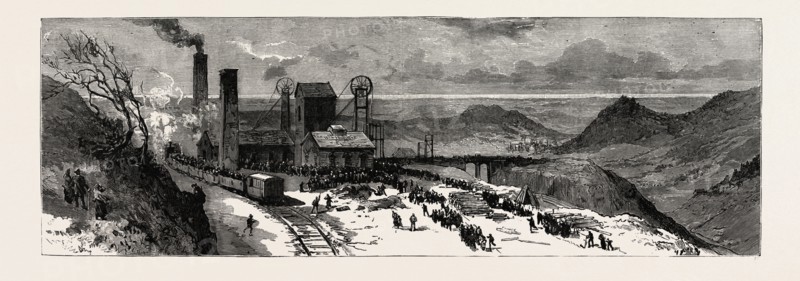 Colliery explosion at LLanerch, Monmouthshire,  GENERAL VIEW OF THE WORKS JUST AFTER THE EXPLOSION, engraving 1890, UK, U.K., Britain, British, Europe, United Kingdom, Great Britain, European