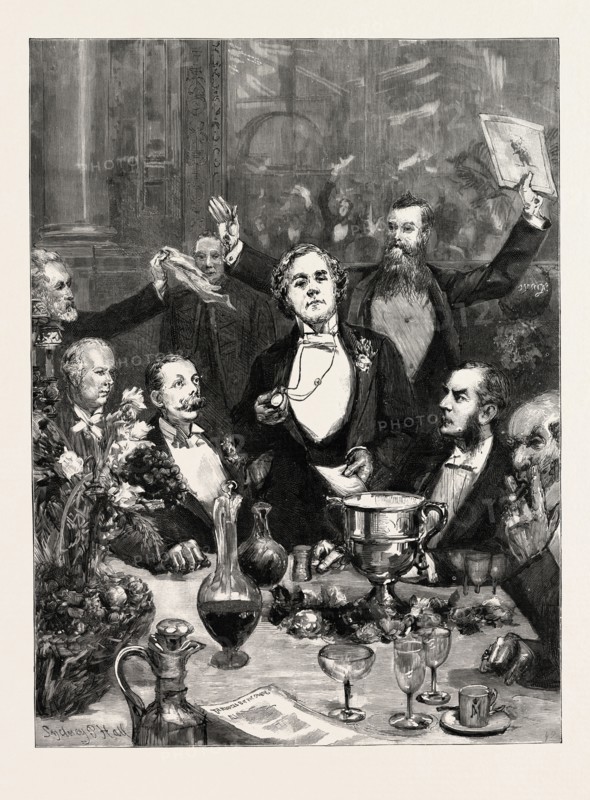 FAREWELL BANQUET TO MR . J. L . TOOLE, AT THE HOTEL METROPOLE, PREVIOUS TO HIS DEPARTURE FOR AUSTRALIA, My Lords and Gentlemen, pray silence for your guest, Mr. J. L. Toole, engraving 1890