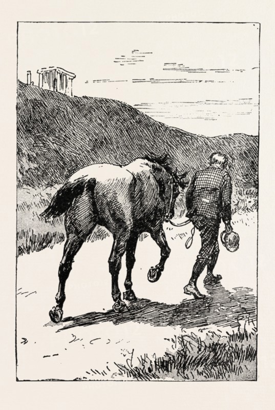 A MORNING RIDE IN ATHENS, GREECE, But my zest for the excursion has gone, and I turn and sadly retrace my way, leading my steed, whose saddle I now discover, for the first time, is missing!, engraving 1890