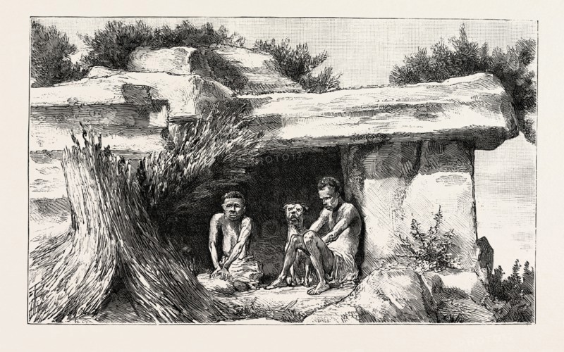 SWAZILAND, BUSHMEN OR CAVE DWELLERS, engraving 1890