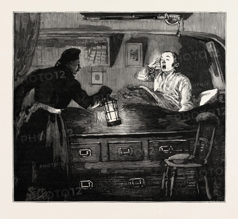 NIGHT QUARTERS ON BOARD A MAN OF WAR, SOUNDED OFF QUARTERS, SIR, engraving 1890
