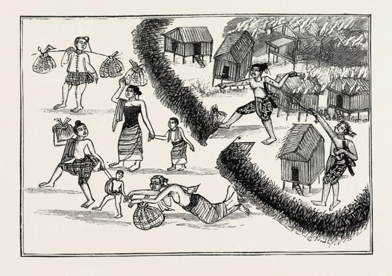LIFE OF A BURMESE DACOIT, HE BURNS A VILLAGE, engraving 1890