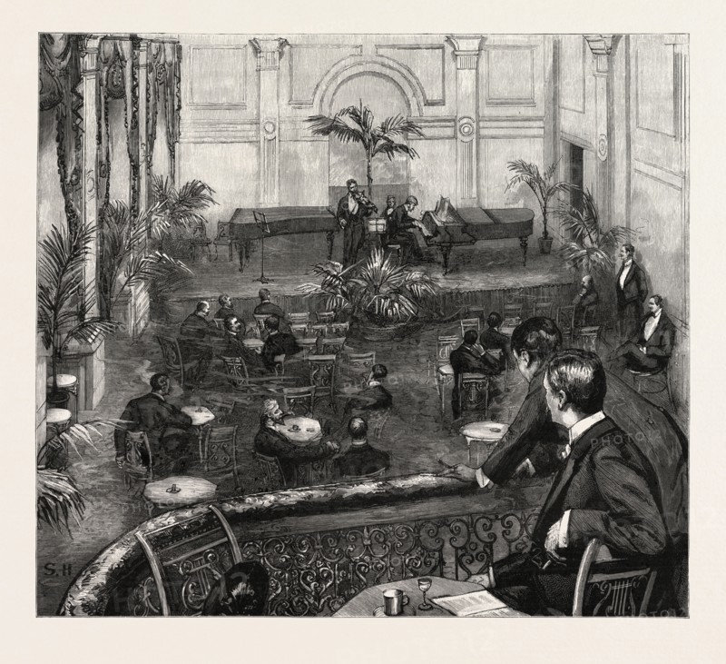 AN EVENING AT THE MEISTERSINGERS CLUB, ST. JAMES'S STREET, LONDON, engraving 1890, UK, U.K., Britain, British, Europe, United Kingdom, Great Britain, European