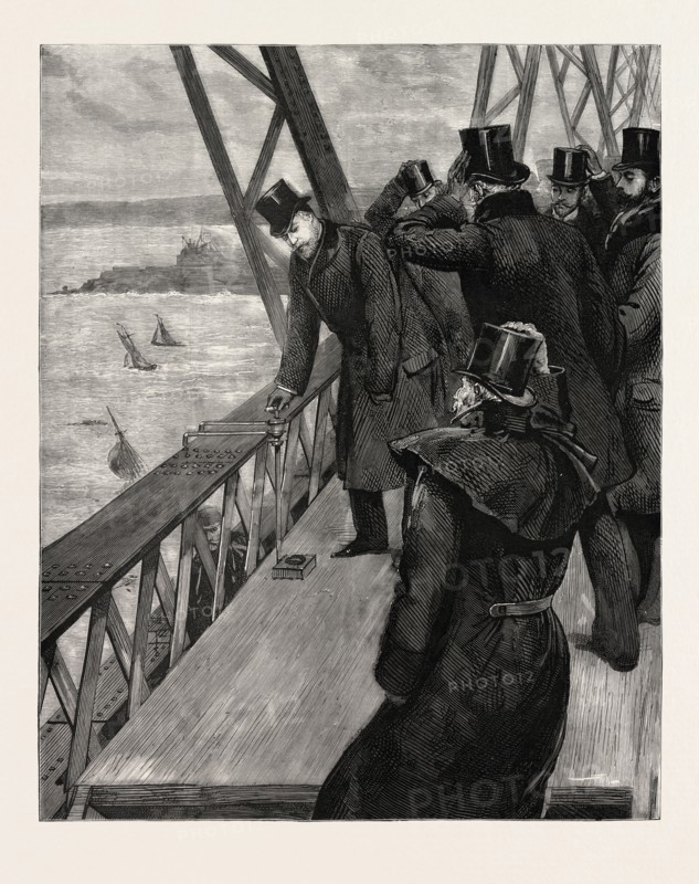 OPENING OF THE FORTH BRIDGE, THE PRINCE CLINCHING THE LAST RIVET, engraving 1890, UK, U.K., Britain, British, Europe, United Kingdom, Great Britain, European