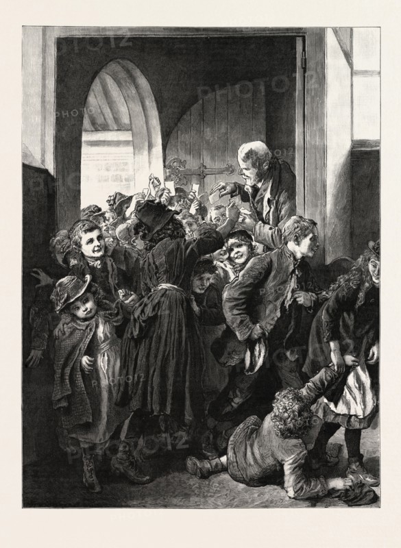 FREE DINNERS TO POOR CHILDREN AT THE KING EDWARD'S MISSION, WHITECHAPEL, LONDON, engraving 1890, UK, U.K., Britain, British, Europe, United Kingdom, Great Britain, European