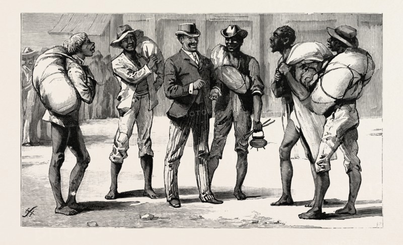 TRANSVAAL GOLD FIELDS, SOUTH AFRICA, CIVILISED AND UNCIVILISED, AN ILLICIT DIAMOND BUYER AND HIS VICTIMS, engraving 1890