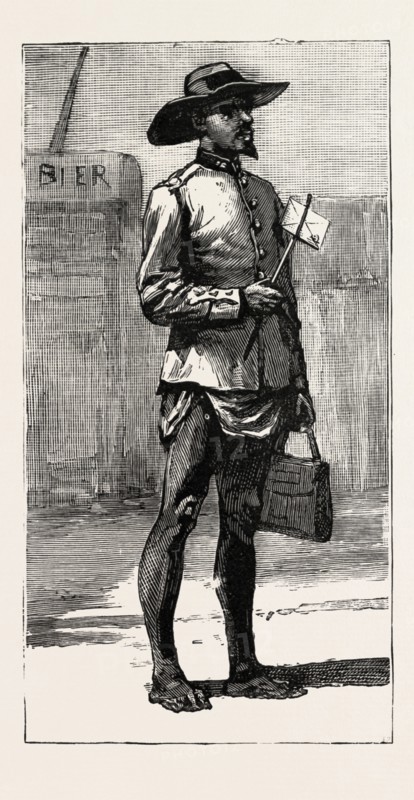 TRANSVAAL GOLD FIELDS, SOUTH AFRICA, THE MARABASTAD POST ARRIVES , engraving 1890