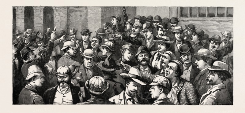 TRANSVAAL GOLD FIELDS, SOUTH AFRICA, SCENE IN THE OPEN AIR, CHANGE, JOHANNESBURG, engraving 1890