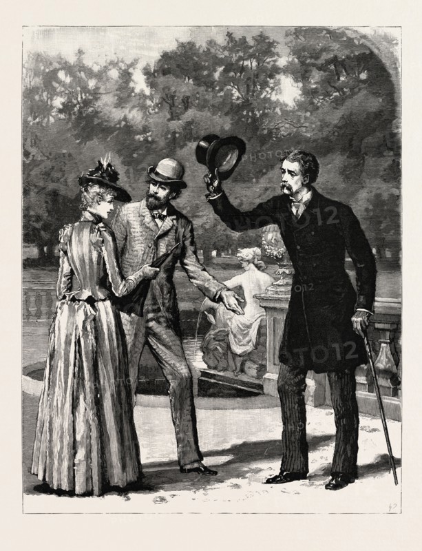 DRAWN BY PERCY MACOUOID, IN THE PARK, Percy Macquoid, 1852-1925, was an English artist and illustrator described as the non plus ultra of elegance and mild refined feeling, engraving 1890