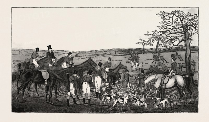 HUNTING IN LEICESTERSHIRE, 1827, HUNT, HORSE, HORSES, engraving 1890