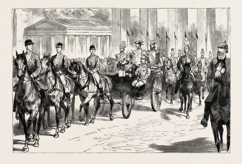 THE PRINCE, ACCOMPANIED BY THE EMPEROR, DRIVING TO THE PALACE FROM THE RAILWAY STATION AT BERLIN GERMANY, engraving 1890