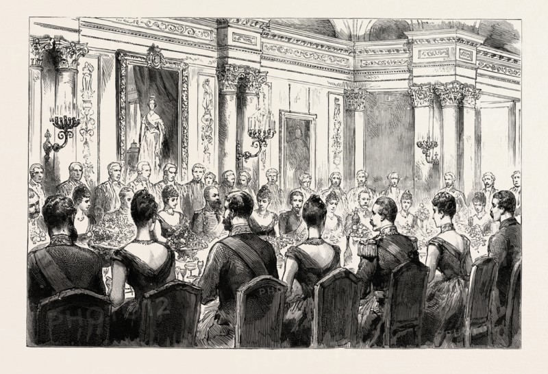 THE BANQUET GIVEN BY SIR EDWARD AND LADY ERMYNTRUDE MALET AT THE BRITISH EMBASSY, BERLIN GERMANY, engraving 1890