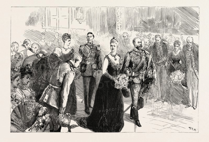 THE STATE CONCERT AT THE PALACE, THE ROYAL PROCESSION PASSING THROUGH THE PICTURE GALLERY, BERLIN GERMANY, engraving 1890