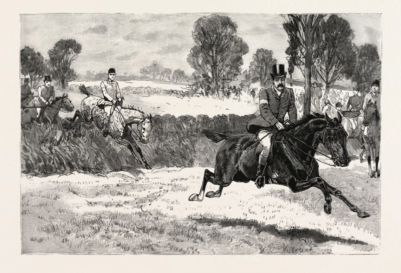 THE HOUSE OF COMMONS POINT TO POINT STEEPLECHASE NEAR RUGBY,  MR. ELLIOTT LEES WINS ON DAMON, engraving 1890, UK, U.K., Britain, British, Europe, United Kingdom, Great Britain, European