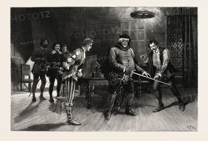SCENE FROM THE PERFORMANCE OF HENRY IV., PART I., BY THE IRVING DRAMATIC CLUB AT THE LYCEUM THEATRE FALSTAFF, Mr. Augustus Littleton, My sword hacked like a handsaw, ecce signum, Act II, Sc. 4., engraving 1890