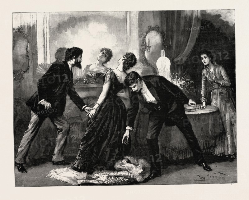 DRAWN BY PERCY MACQUID, HER FACE LOOKED STRANGELY GHASTLY, Percy Macquoid, 1852-1925, was an English artist and illustrator described as the non plus ultra of elegance and mild refined feeling, engraving 1890