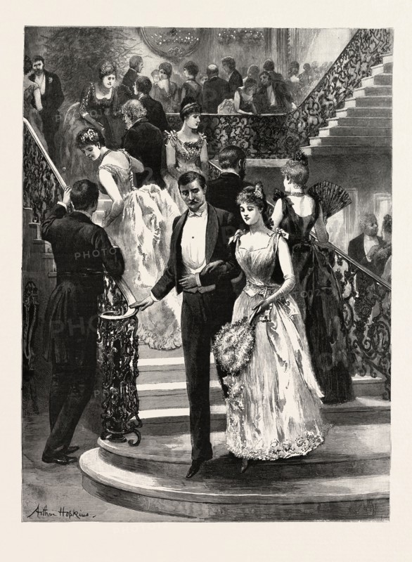 GOING DOWN TO SUPPER, MY FIRST BALL, engraving 1890