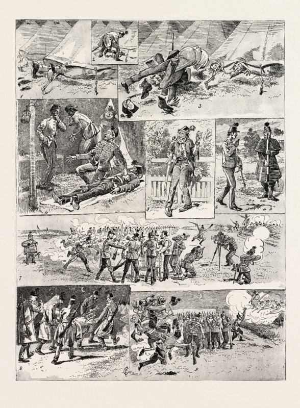 THE HUMOURS OF A VOLUNTEER CAMP, 4. The dummy is next provided with a tunic and helmet, and declared to be a man with sunstroke. The regimental doctor, who is somewhat short-sighted declares unhesitatingly that  the man is dead !, engraving 1890