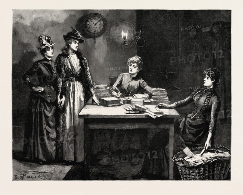 DRAWN BY PERCY MACQUOLD, IN THE OFFICE, Percy Macquoid, 1852-1925, was an English artist and illustrator described as the non plus ultra of elegance and mild refined feeling, engraving 1890