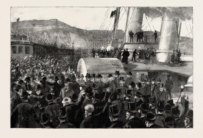 ONCE MORE ON ENGLISH SOIL, ARRIVAL OF STANLEY AT THE ADMIRALTY PIER, DOVER, engraving 1890, UK, U.K., Britain, British, Europe, United Kingdom, Great Britain, European