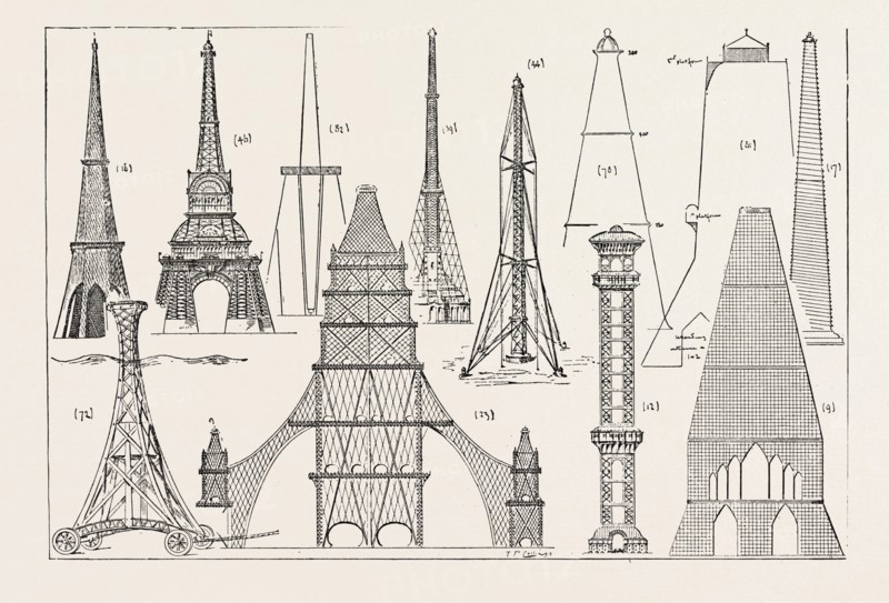 THE PROPOSED TOWER FOR LONDON, SOME OF THE DESIGNS NOW ON VIEW IN THE HALL OF THE DRAPERS COMPANY, engraving 1890, UK, U.K., Britain, British, Europe, United Kingdom, Great Britain, European