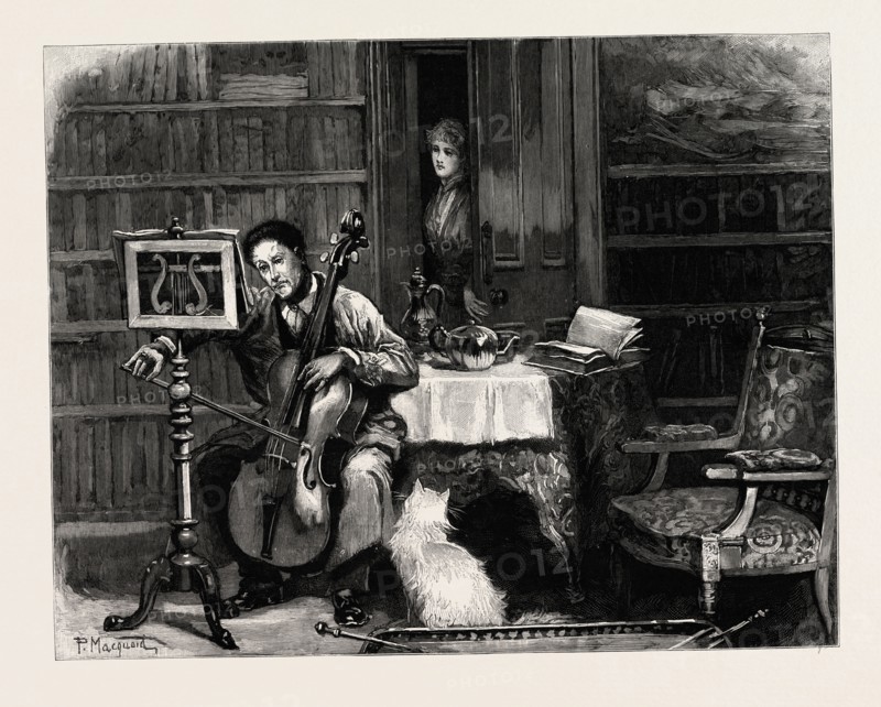 DRAWN BY PERCY MACQUOID,  VIOLONCELLO, Percy Macquoid, 1852-1925, was an English artist and illustrator described as the non plus ultra of elegance and mild refined feeling, engraving 1890