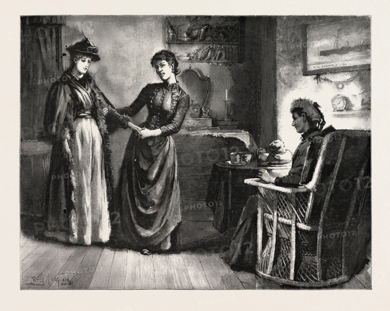 DRAWN BY PE RCY MACQUOID, COMING INTO THE ROOM, Percy Macquoid, 1852-1925, was an English artist and illustrator described as the non plus ultra of elegance and mild refined feeling, engraving 1890
