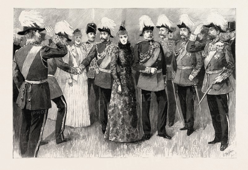OPENING OF THE ROYAL MILITARY EXHIBITION IN THE CHELSEA HOSPITAL GROUNDS, LONDON, engraving 1890, UK, U.K., Britain, British, Europe, United Kingdom, Great Britain, European