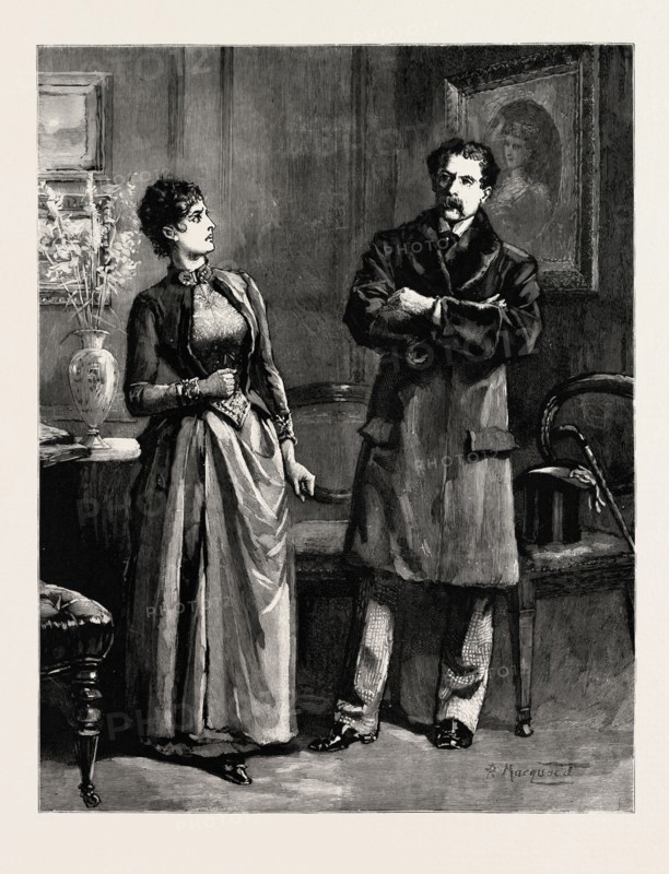 DRAWN DRAWN BY PERCY MACOUOID, A BRIGHT ANGRY GLANCE, Percy Macquoid, 1852-1925, was an English artist and illustrator described as the non plus ultra of elegance and mild refined feeling, engraving 1890