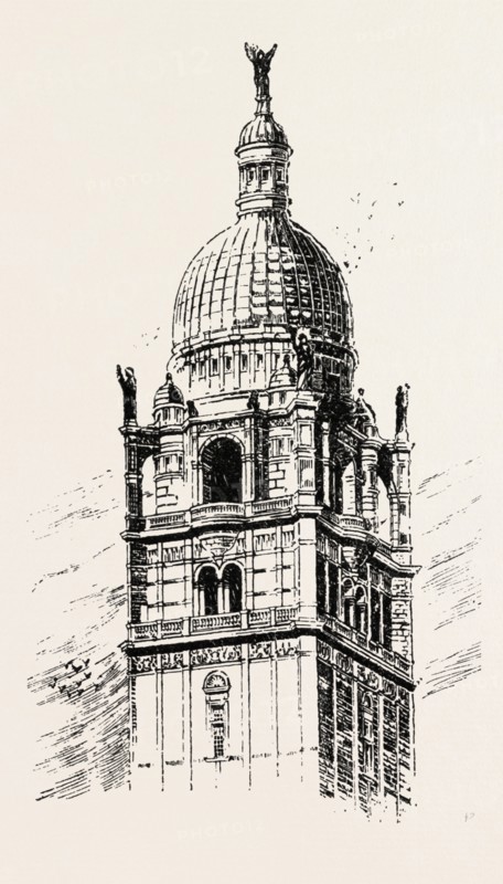 THE IMPERIAL INSTITUTE, LONDON, CUPOLA OF CENTRAL TOWER, engraving 1890, UK, U.K., Britain, British, Europe, United Kingdom, Great Britain, European